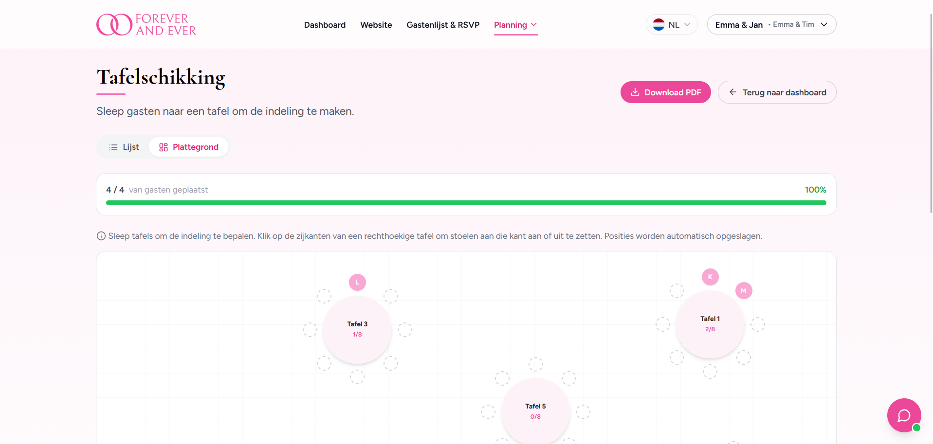 Tafelschikking plattegrond