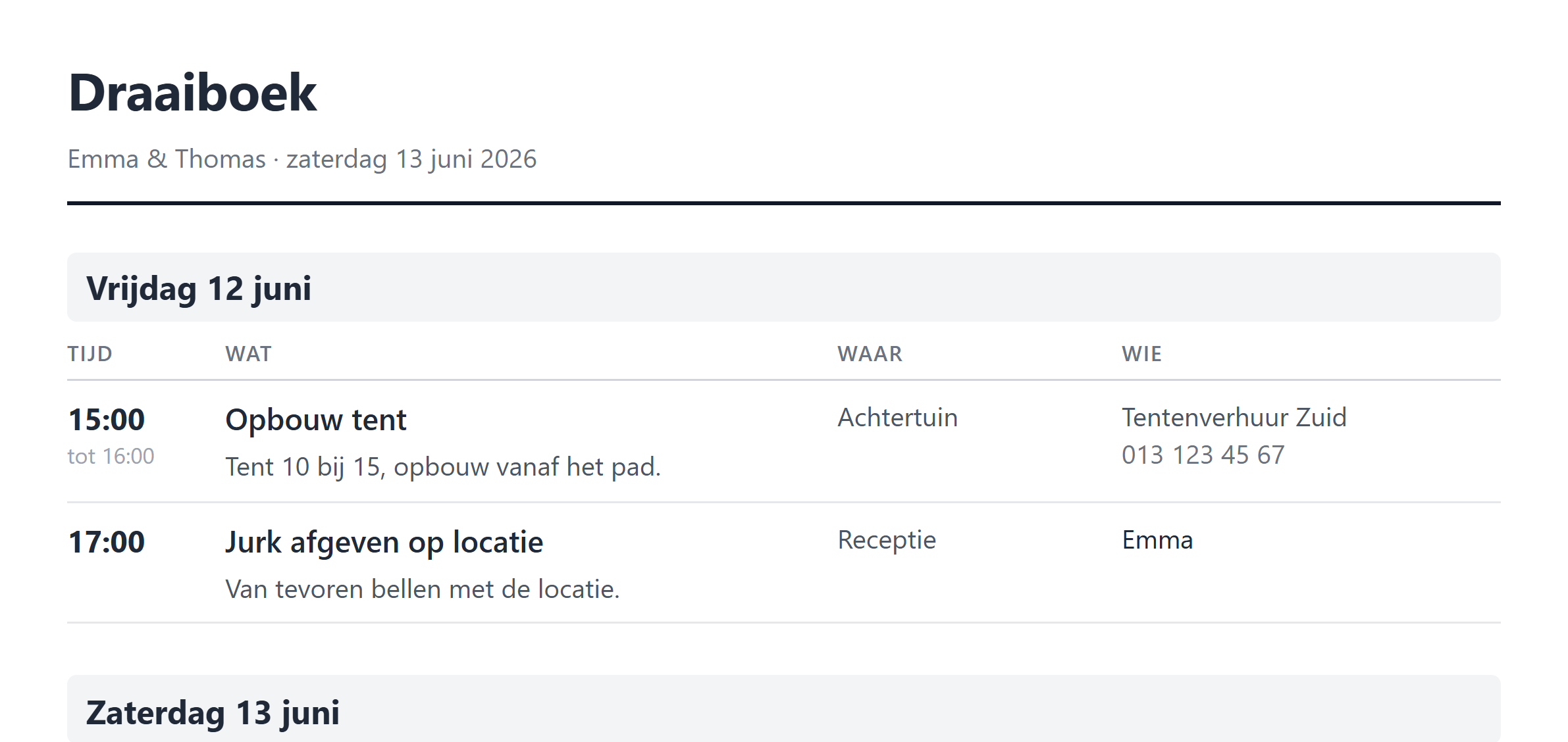 Het afgedrukte draaiboek met een kop per dag en de tijden eronder